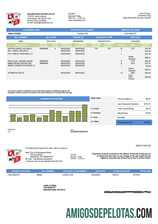 Para baixar modelo de fatura de serviços públicos de água Wawatosa dos EUA em formato Word e PDF